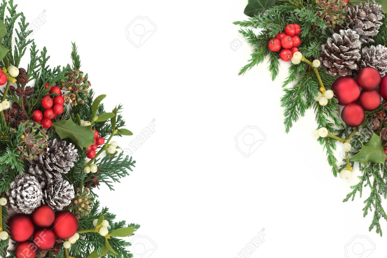 Christmas Decorative Border With Red Bauble Decorations Holly