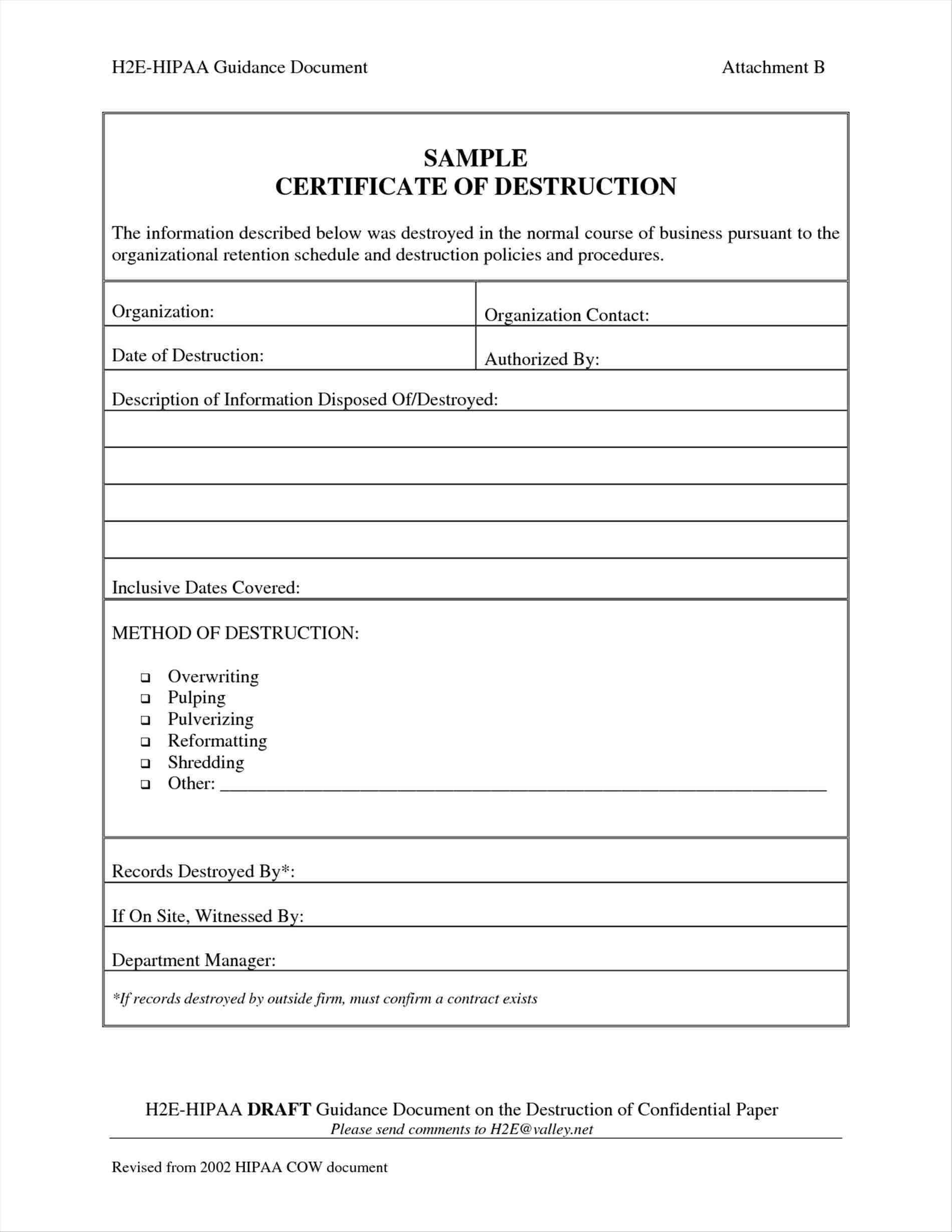 Collection Of Solutions Certificate Destruction Template With Hard