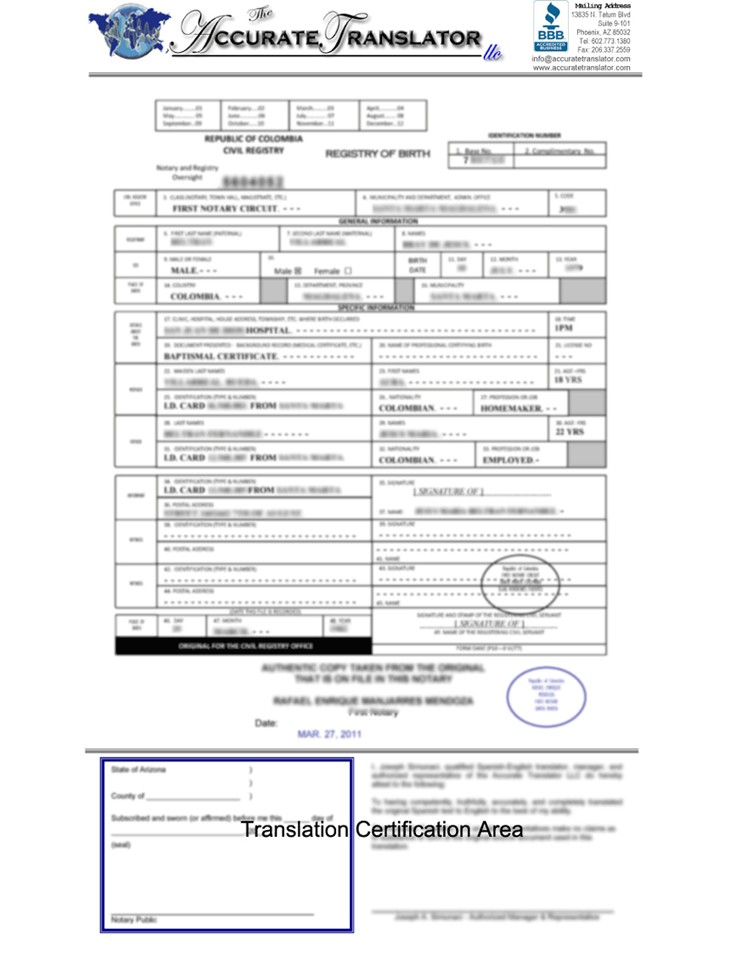 Colombian Birth Certificate Translation Template English To