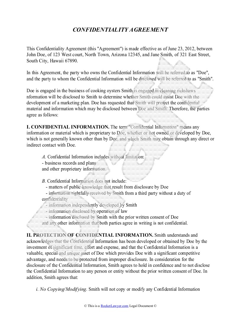 Confidentiality Agreement Template Free Sample Rocket Lawyer Will