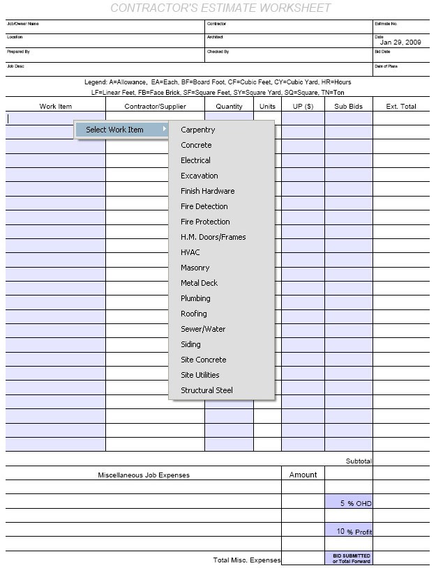 Construction Estimating Worksheet For Contractors Download Estimate Sheets Free