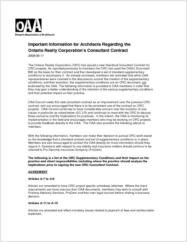 Contracts Ontario Association Of Architects Contractor Agreement Template