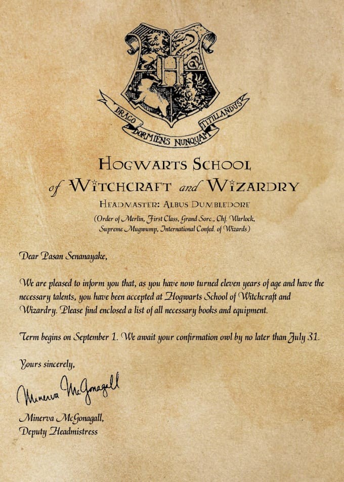 Create Personalized Hogwarts Acceptance Letter By Pasansenanayake Make Your
