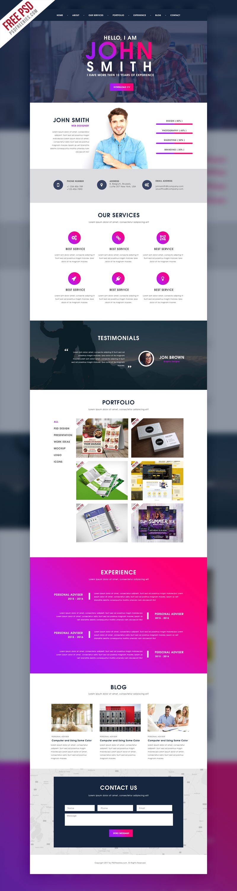Creative One Page Portfolio Website Template Free PSD Web Flat Design Templates