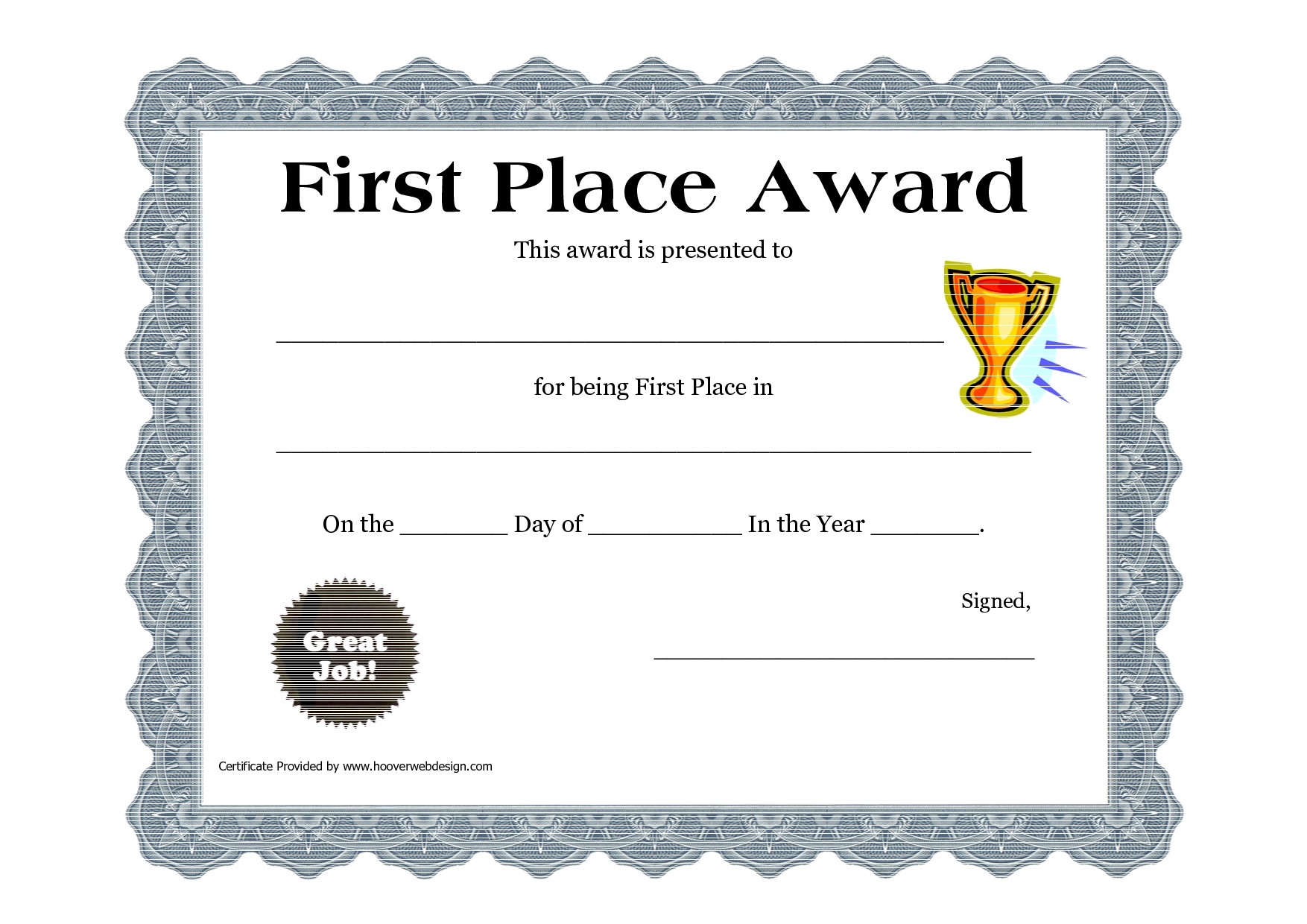 Customizable Printable Certificates First Place Award Certificate