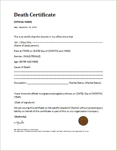 Death Certificate Template For MS WORD Document Hub