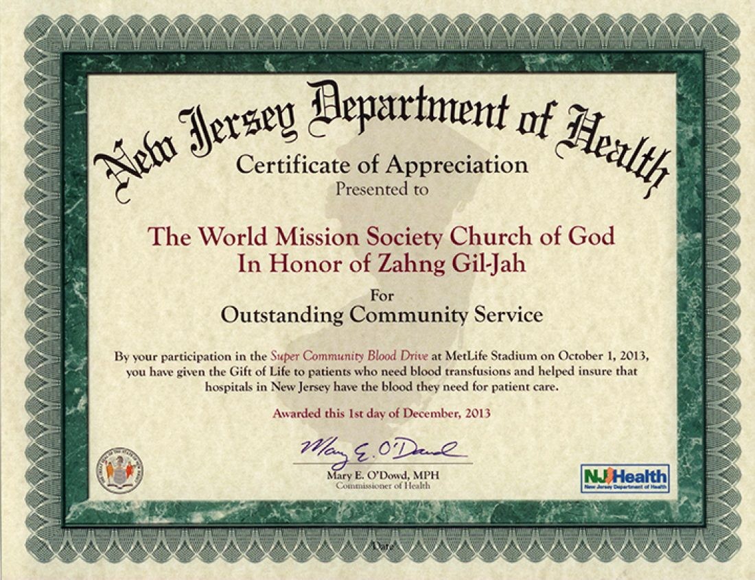 Department Of Health Certificate Recognition World Mission Church