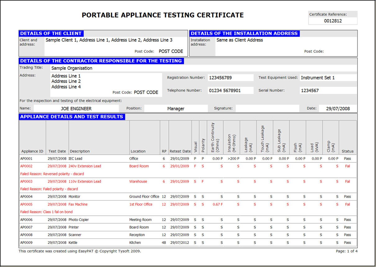 EasyPAT Portable Appliance Testing Software Certificate
