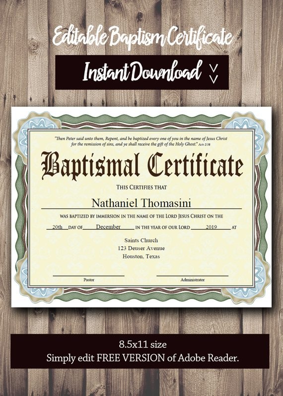 Editable Baptism CERTIFICATE Template PDF Adobe Reader Etsy Certificate