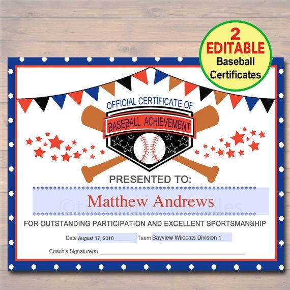 EDITABLE Baseball Award Certificates INSTANT DOWNLOAD Team