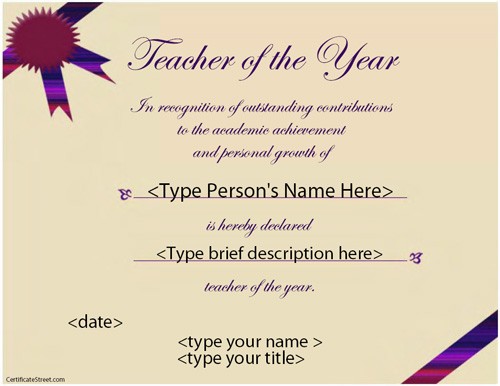 Education Certificates Teacher Of The Year Award Template