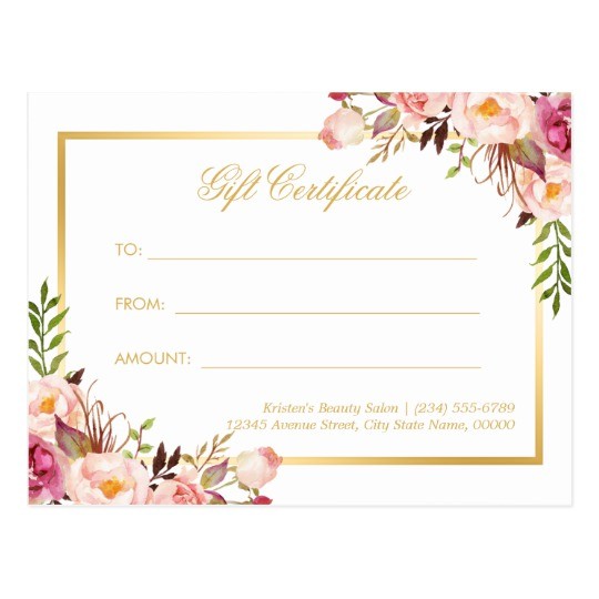 Elegant Chic Pink Floral Gold Gift Certificate Postcard Zazzle