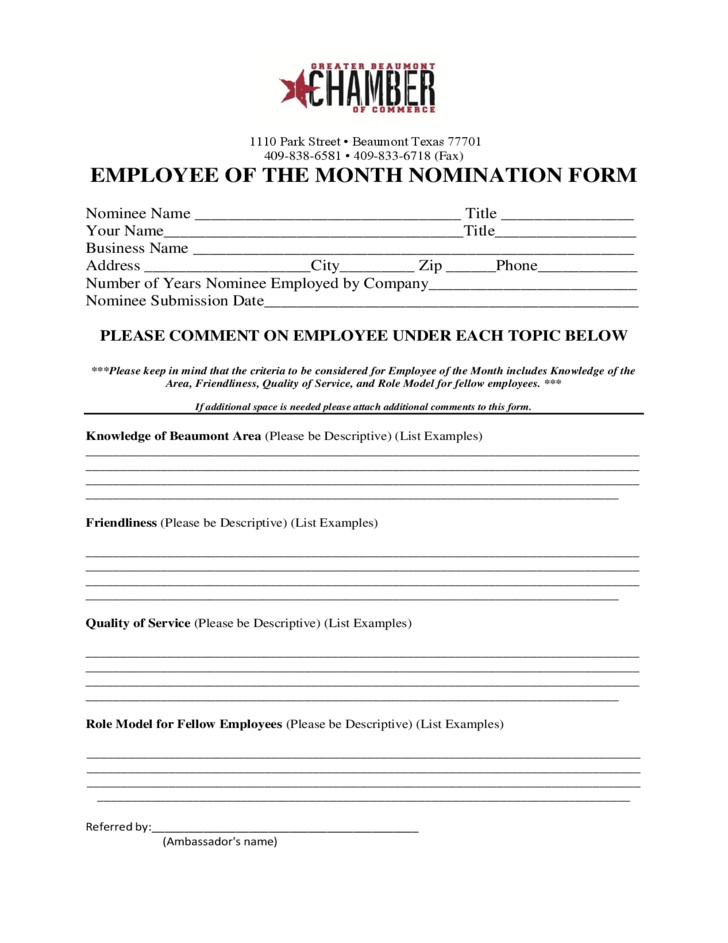 Employee Of The Month Nomination Form Texas Free