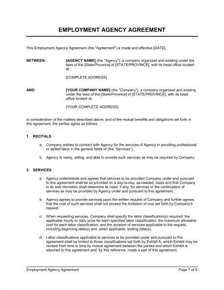 Employment Agency Agreement Template Sample Form Biztree Com Contractor