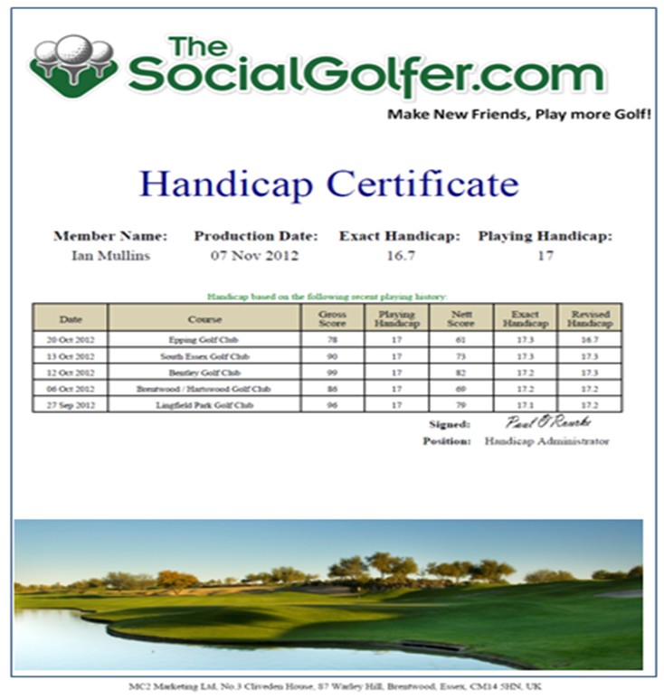 Fake Golf Handicap Certificate Template Com