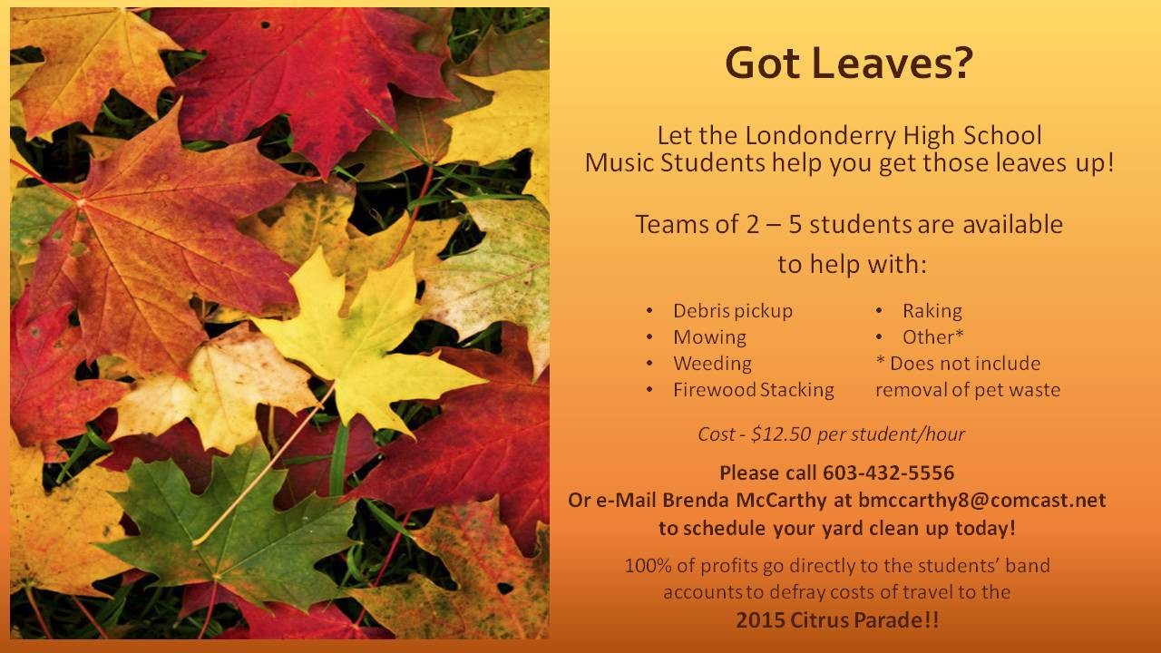 Fall Yard CleanUp Fundraiser Londonderry NH Music And Friends Of Clean Up Flyers