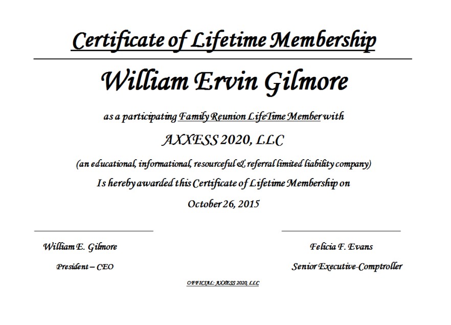 FAMILY REUNION LIFETIME MEMBER CERTIFICATE AXXESS2020 Family Reunion Certificates