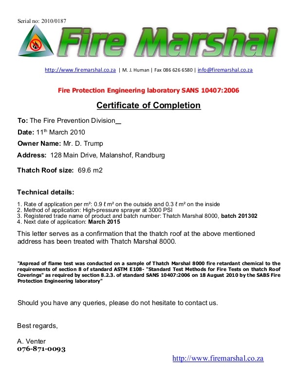 FIRE MARSHAL SOUTH AFRICA RETARDANTS For ALL APPLICATIONS Fire Retardant Certificate