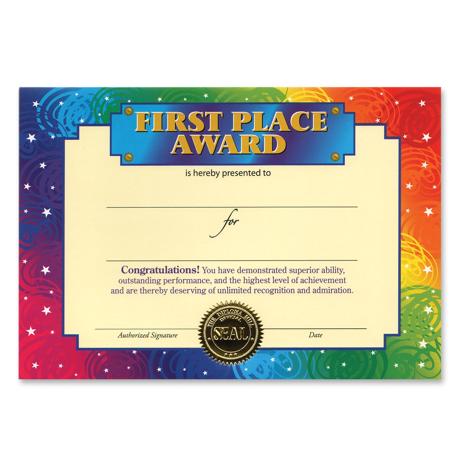 First Place Award Certificate Pack Of