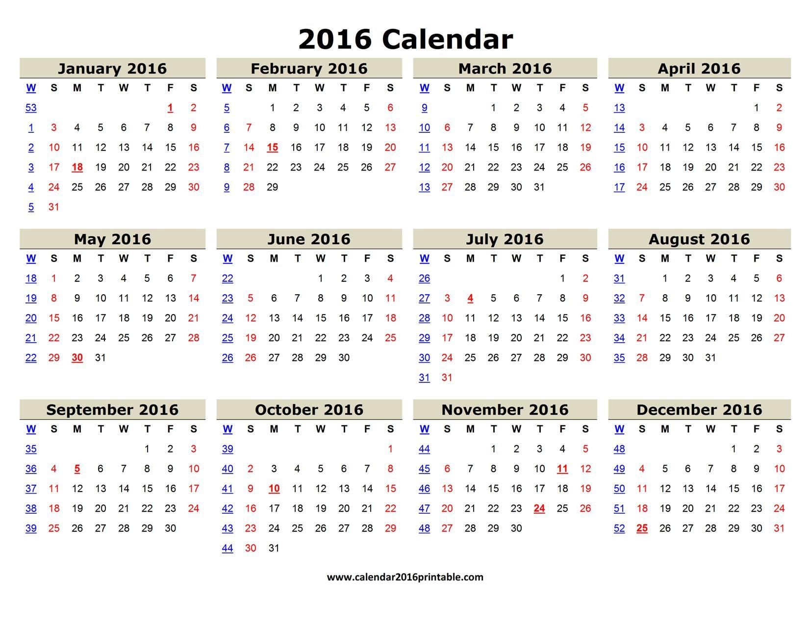 Free 2016 Calendar Printable One Page That You Can Download Microsoft