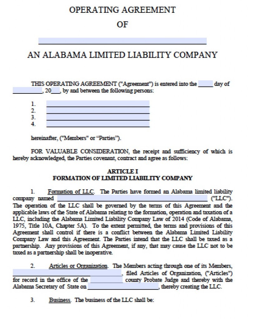 Free Alabama LLC Operating Agreement Template PDF Word Llc