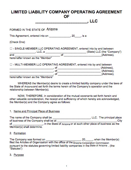 Free Arizona LLC Operating Agreement Template PDF Word Single Member Llc