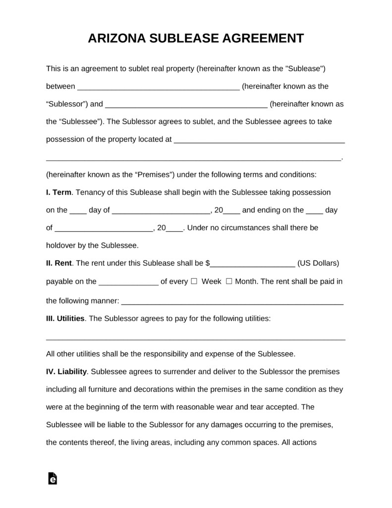 Free Arizona Sublease Agreement Template PDF Word EForms