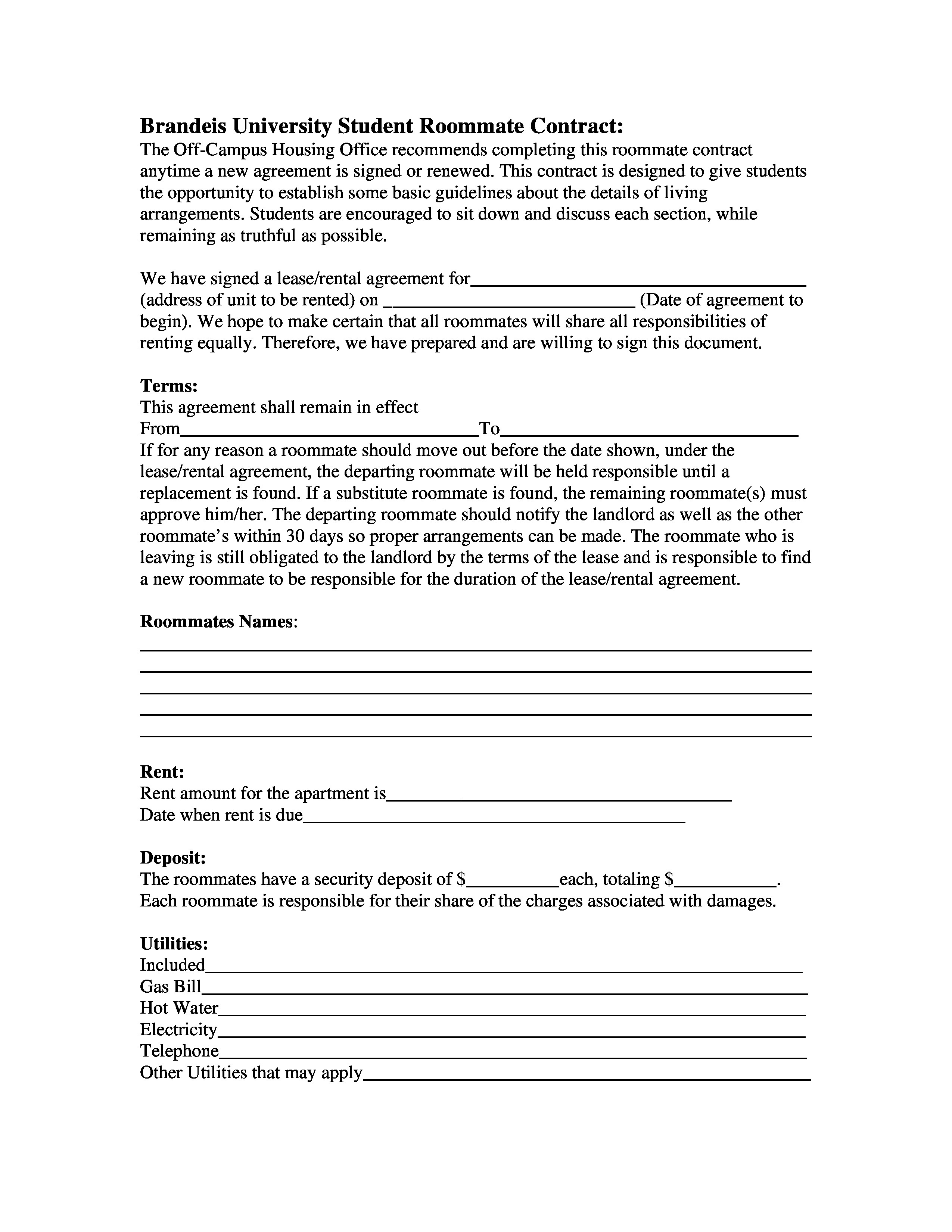 Free Basic University Student Roommate Contract Templates At Will Template