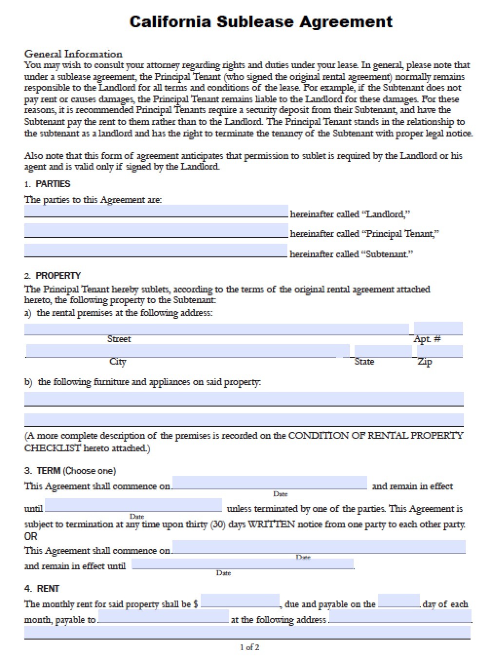 Free California Sub Lease Agreement PDF Word Doc Commercial Sublease Template