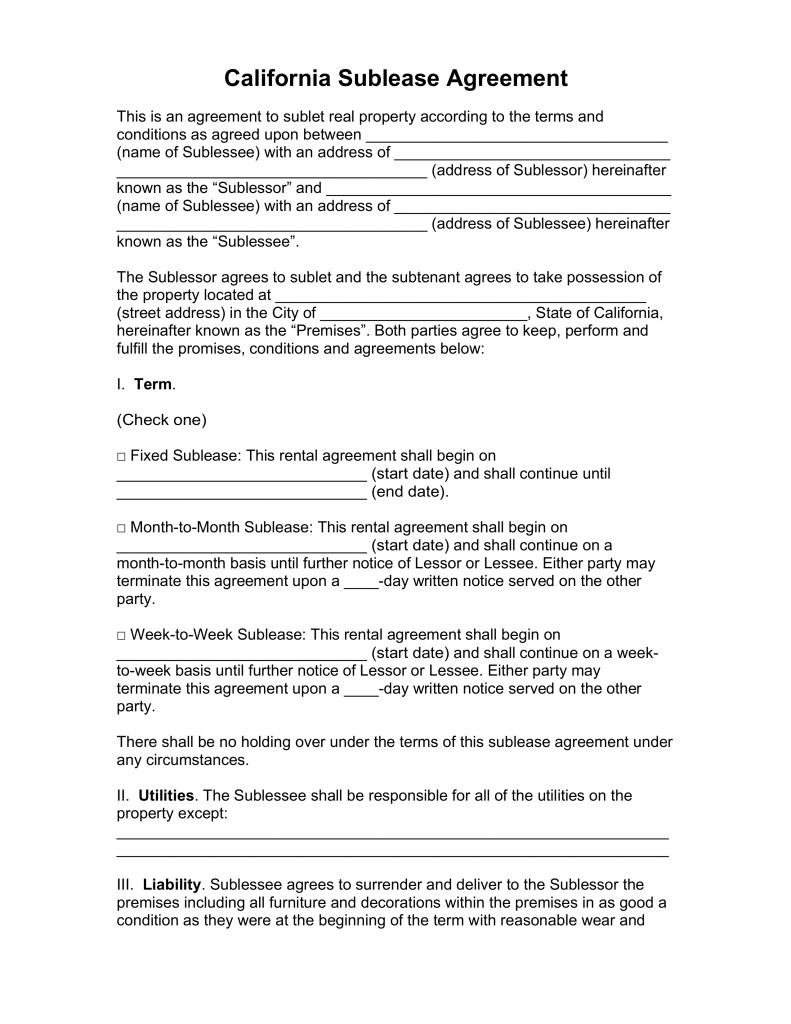 Free California SubLease Agreement Template PDF Word EForms Commercial