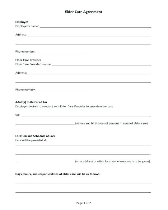 Free Caregiver Contract Template Printable Form Elder Care Agreement