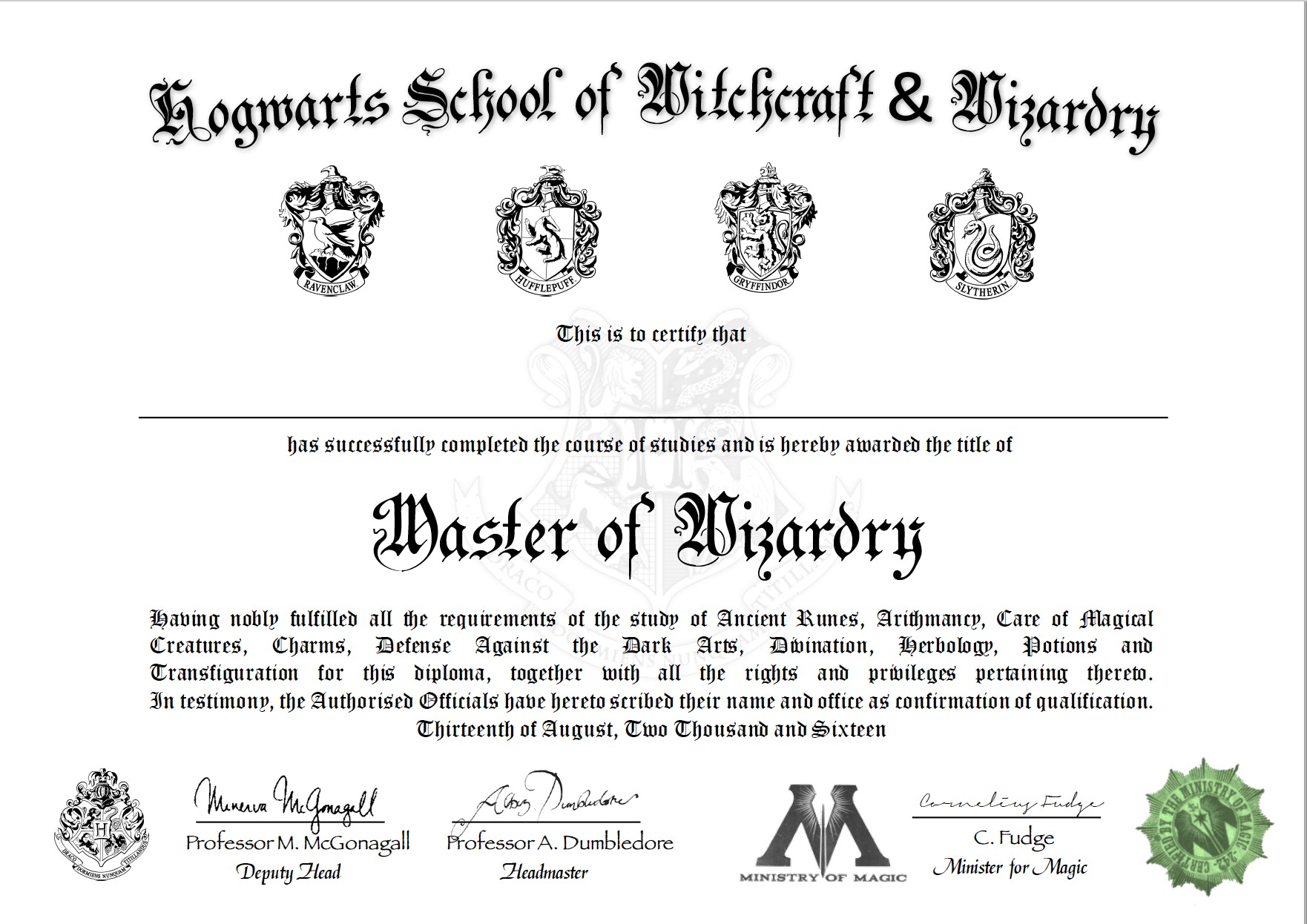 Free Certificate Of Hogwarts To Download And Use Harry Potter Diploma Template