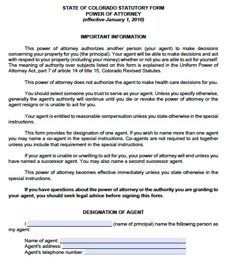 Free Colorado Financial Durable Power Of Attorney Form PDF Template