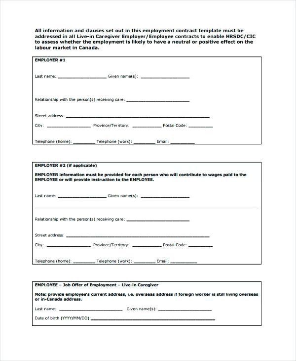 Free Contract Forms Live In Caregiver Template Canada Minetake Info Employment