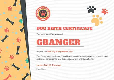 FREE Dog Birth Certificate Template Download 200 Certificates In