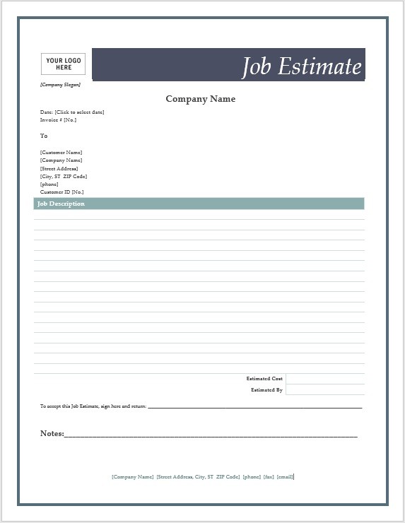 Free Job Estimate Forms Microsoft Word Templates Sheet