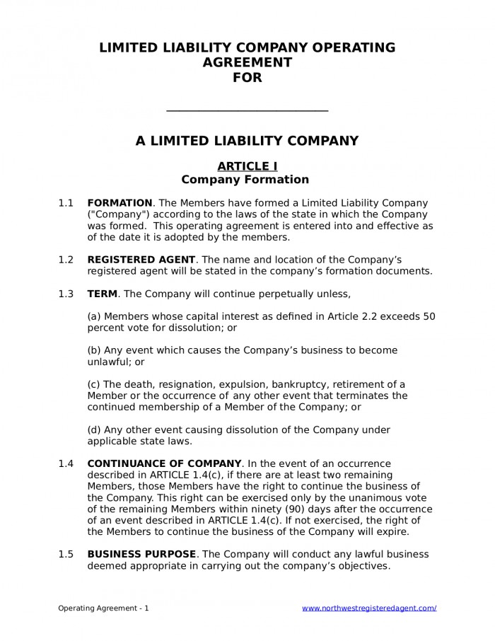 Free LLC Operating Agreement For A Limited Liability Company