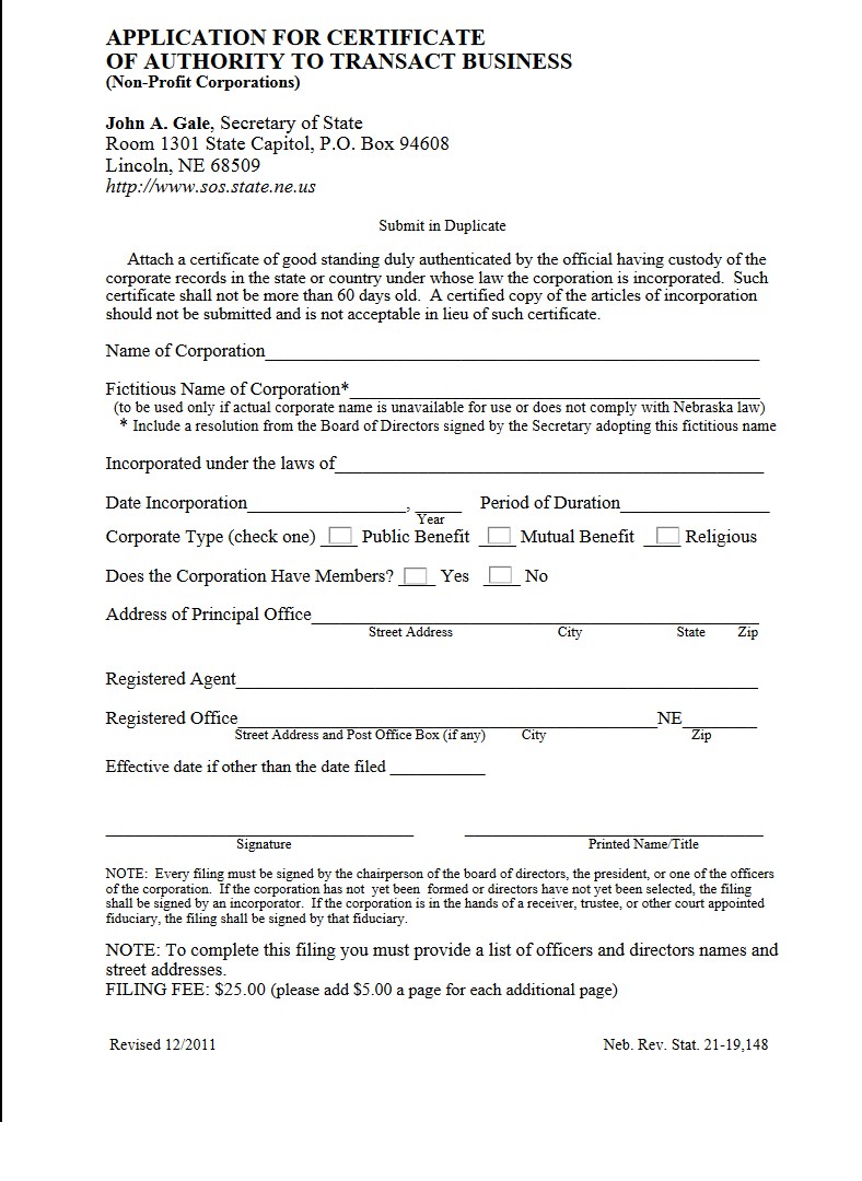 Free Nebraska Application For Certificate Of Authority To Transact Organization