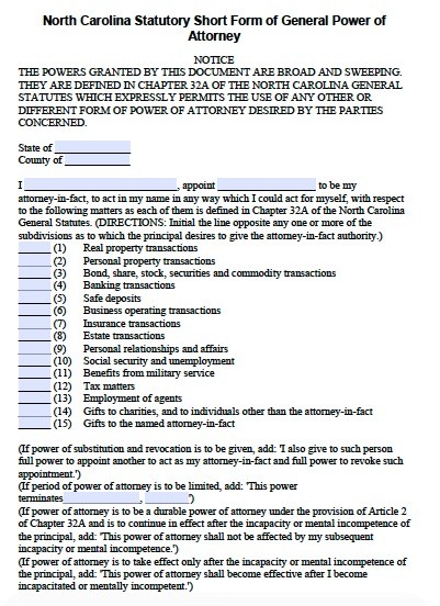 Free North Carolina Durable Statutory Power Of Attorney Form PDF Poa