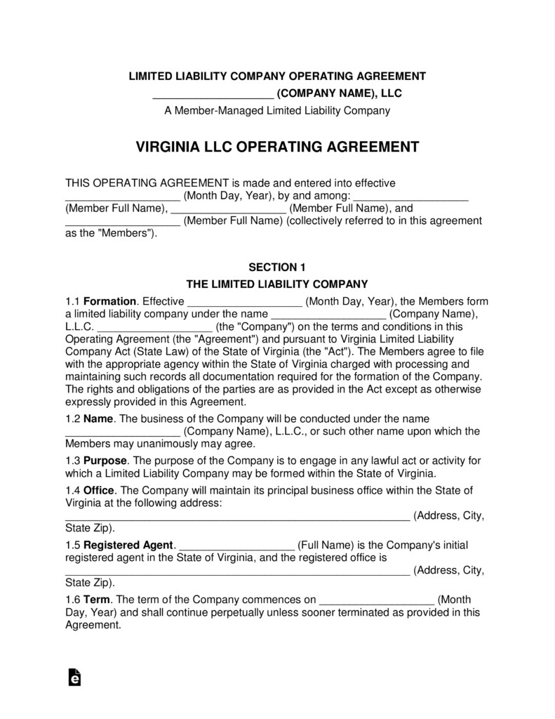 Free Operating Agreement Template Virginia Multi Member Llc