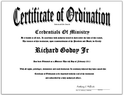 Free Ordination Certificate License Be A Ordained Minister
