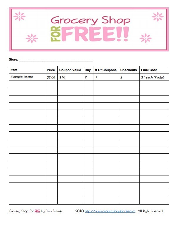 FREE Printable Coupon Grocery Shopping List Free Price