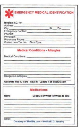 Free Printable Medical ID Cards Wallet Size Contact