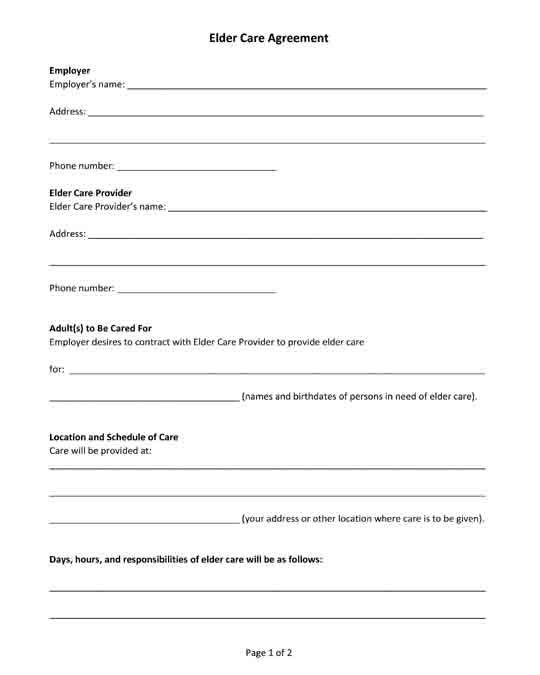 Free Printable PDF Form Elder Care Agreement Legal Forms Live In Carer Contract Template