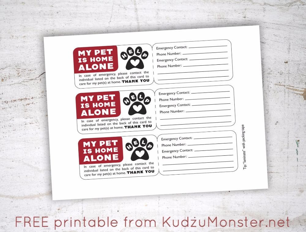FREE Printable Pet Emergency Contact Card Kudzu Monster Free