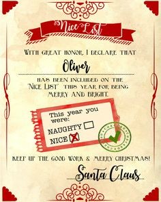 Free Printable Santa Letters Nice List Certificate From Template