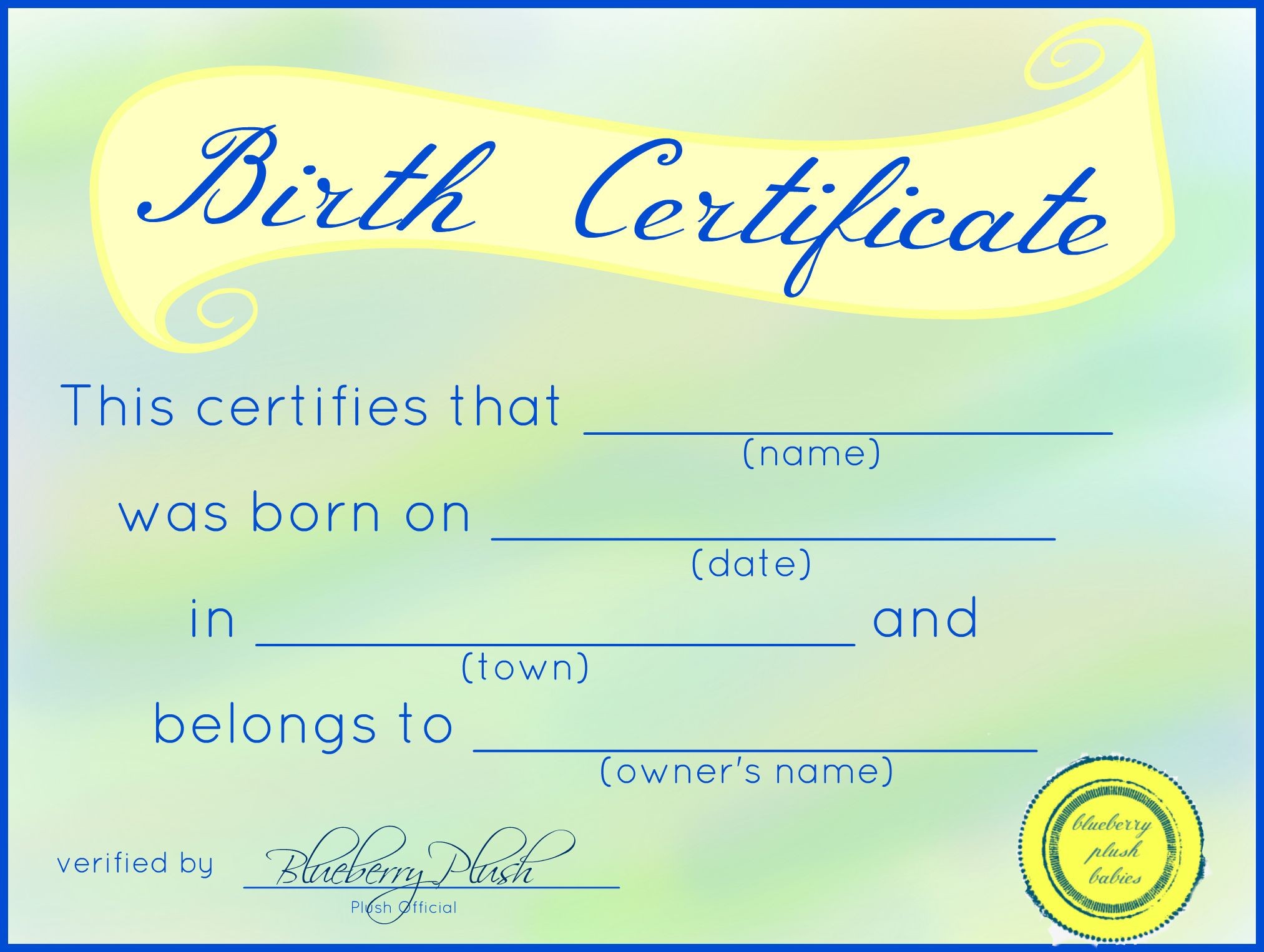 Free Printable Stuffed Animal Birth Certificates Blueberry Plush Build A Bear Certificate