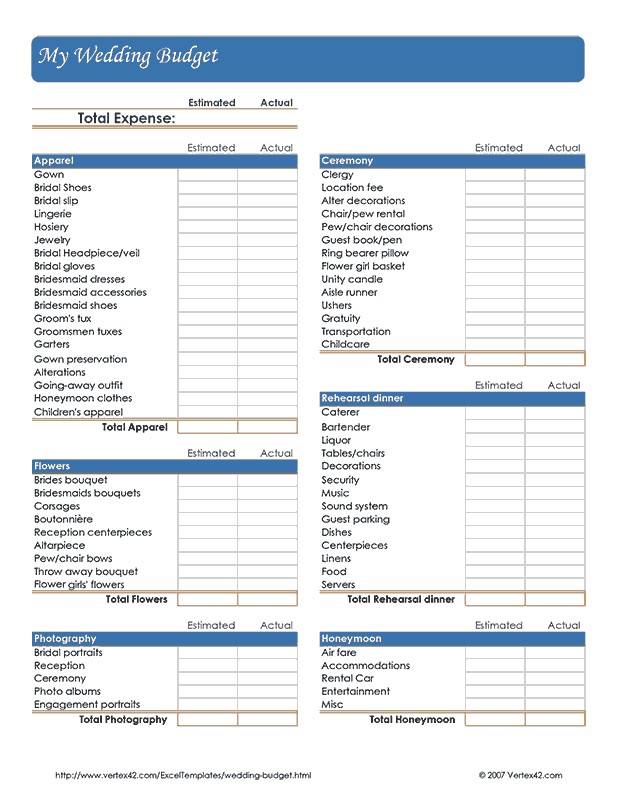Free Printable Wedding Budget Worksheet PDF From Vertex42 Com Planner Templates