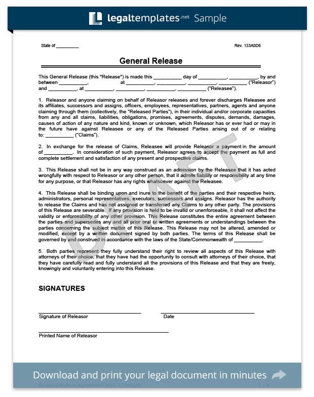 Free Release Of Liability Form Sample Waiver Legal Templates General