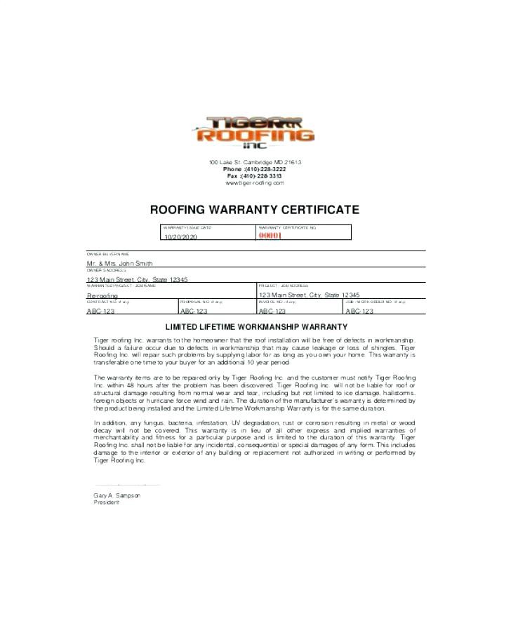 Free Roof Certification Template Form Download Monster